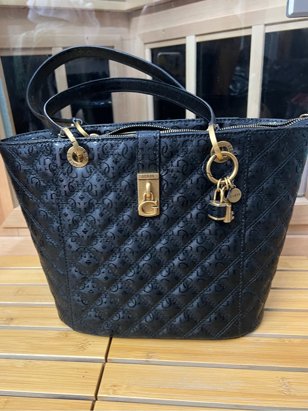Guess Black Quilted Tote with Gold Logo Hardware